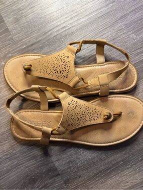 Sperry Calla Jade Tan Leather Sandals Womens Size 7M Laser Cut Slingback Thong